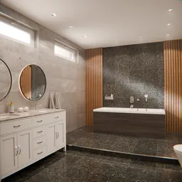 Optimized 3D modeled modern bathroom with fog effect, 350K polygons, multiple camera angles, rendered with Blender.