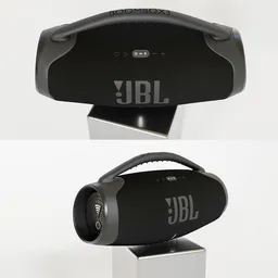 Detailed Blender 3D model of a portable speaker showing texture and controls.