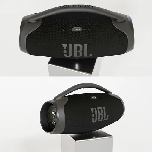 Detailed Blender 3D model of a portable speaker showing texture and controls.