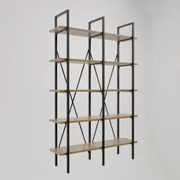 High-quality 3D model of a metal shelf with wooden planks for Blender rendering, perfect for interior design.