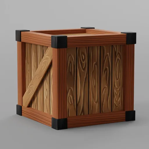 3D Blender model of stylized wooden crate, optimized for game asset with low poly count and cartoonish texture.