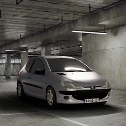 Realistic Peugeot 206 low poly, rigged 3D model, well-suited for Blender rendering and animation projects.