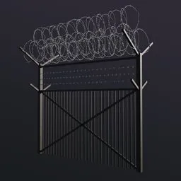 "Get high-poly and ultra-realistic illustration of military fence with barbed wire on top for your game asset sheet. This 3D model is perfect for siege-themed games, depicting the depressing image of a stylized border gatekeeper. Created in Blender 3D software."