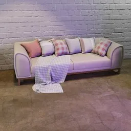 "High-quality 3D model: Comfortable sofa with pillows and a blanket, rendered in path tracing with white and pink cloth on a checkered floor. Inspire your scene with this fashion studio-inspired creation by Adam Willaerts. Perfect for Blender 3D users seeking photorealistic anamorphic lens effects."