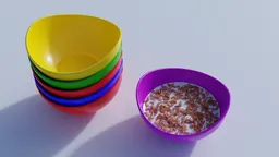 Realistic 3D-rendered muesli in a purple bowl beside colorful bowls, Blender 3D modelling, texture detail.