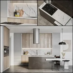 Realistic 3D-rendered modern kitchen scene with detailed appliances for archviz and animation use.