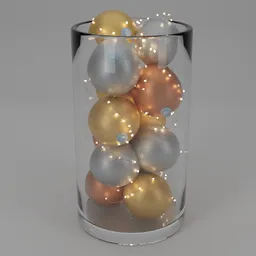 Detailed 3D-rendered glass jar filled with illuminated gold, silver, and copper Christmas balls.