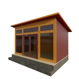 High-quality 3D wooden studio shed model with transparent large glass doors, UV unwrapped and PBR textured for Blender.