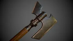 Detailed 3D rendering of ancient double-sided battle axe with realistic textures, suitable for Blender.