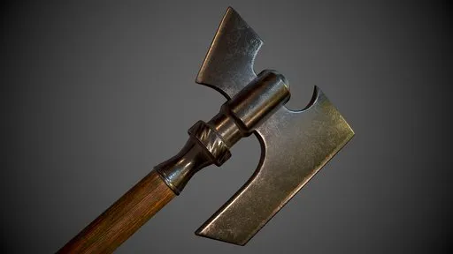 Detailed 3D rendering of ancient double-sided battle axe with realistic textures, suitable for Blender.