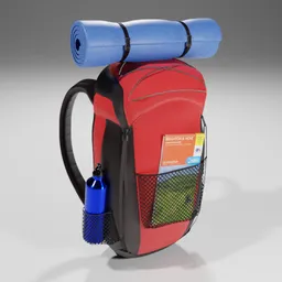 "Large backpack with yoga mat, water bottle, and first aid kit. Red and blue color scheme, perfect for adventure gear. 3D model for Blender 3D."