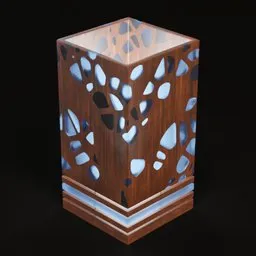 Detailed wooden 3D lamp model with cut-out patterns for Blender rendering and lighting design visualization.
