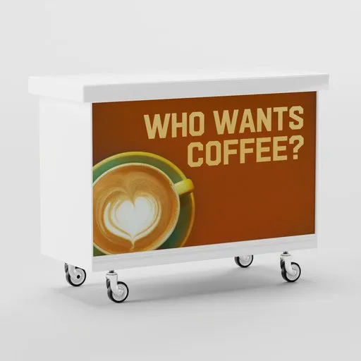 Mobile coffee station 3D model with latte art design, optimized for Blender rendering.