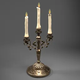 Intricately designed 3D antique triple candle holder model with realistic textures suitable for Blender rendering.