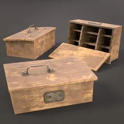 "Vintage Secretary Box 3D model - Low-poly wooden chest with spiraling design, rounded corners, and metalwork. Includes drawer with key and Quixel textures. Ideal for game assets or render props."