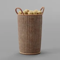 "A photorealistic 3D model of a wicker basket filled with fresh potatoes, designed for Blender 3D. This elegant and intricately crafted basket is perfect for enhancing your medieval scenes and adding a touch of authenticity. Created using Macrame and incorporating elements of James Peale's artwork, this masterpiece is trending on Artstation and guaranteed to elevate your Blender 3D projects."