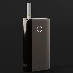 "3D model of 'Glo Hyper', a sleek black electronic device with a cigarette, inspired by Kōno Bairei and Mondrian. This industrial exterior design, rendered with Blender 3D, showcases innovative innovation for smokers."