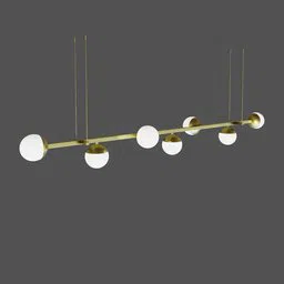 Detailed 3D model of a modern pendant light with spherical shades and brass finish on a grey background.