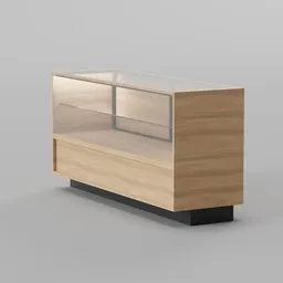 Detailed Blender 3D model of a wooden and glass retail showcase, ideal for product display in shops.
