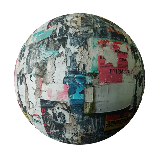 Highly detailed PBR texture of a torn and faded poster wall suitable for 3D modeling and rendering in Blender.