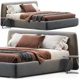 "Blender 3D model of Boca slim bed with brown blanket and pillows, inspired by Alesso Baldovinetti and featuring dark matte metal structure. Nonbinary model with soft motion blur and elegant up to the elbow design, providing a very comfortable sleeping experience. 318.082 polys and dimensions of 200x220x90cm."