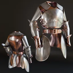 Detailed 3D model of warrior armor with helmet, gauntlets, and shield for Blender, featuring high-quality metal textures.
