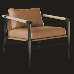 3D tan leather chair model with ash wood arms and slim black steel frame on a black background suitable for Blender.