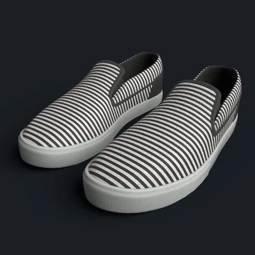 Realistic 3D model of slip-on sneakers with black and white stripes, rendered in Blender, suitable for digital fashion simulations.