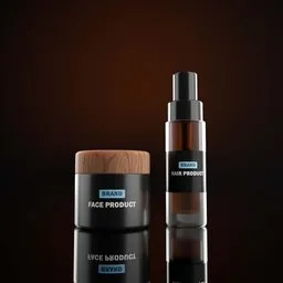 3D-rendered face cream and hair spray with soft matte background, ideal for product visualization in Blender.