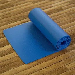 "Lowpoly blue yoga/exercise mat with optimized and customizable textures for leisure activities on wooden floors. Professional rendered 3D model ideal for sport and exercise enthusiasts, featuring attractive body and leather padding."
