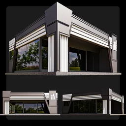 "Glass Pavilion 3D model for Blender 3D - intricate design by M3D featuring a restaurant with clock, abandoned gas station and detailed data center. Vector spline curve style with 3D shadow effect. Inspired by Mathieu Le Nain's front reference images."
