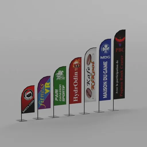 Versatile 3D advertising flags model with customizable texture for Blender, ideal for simulations and designs.