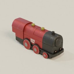 Detailed Blender 3D model of a red and gray toy cargo train with wheels and chimney, isolated design.