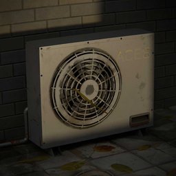 "Exterior air conditioner 3D model for Blender 3D. Free to use, with hi-res textures and water-cooled design inspired by Roger Cecil. Ideal for outdoor scene in shady alleys or urban environments."