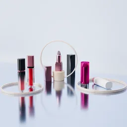 Luxury lipstick collection in a polished 3D mockup with reflective surfaces and elegant lighting.