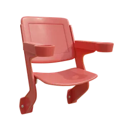 "3D model of a red plastic stadium chair with a cup holder on it, created using Blender 3D software. Perfect for virtual sports environments or events. Untextured and featuring realistic rusted details."