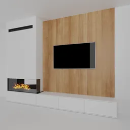 Modern 3D-rendered TV wall unit with built-in fireplace for interior design in Blender.