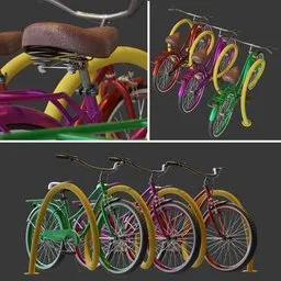 Detailed 3D model featuring multiple colorful bicycles secured to a rack, designed in Blender for realistic rendering.