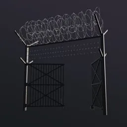 "Highly-detailed military fence and gate featuring barbed wire, rendered in Unreal Engine 5 and created with Blender 3D software. This 3D model, inspired by Rezső Bálint, is perfect for use in AI applications or as an icon. With its high poly count and intricate design, it's sure to make an impact in any project."