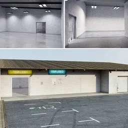 Detailed Blender 3D urban store model with textured parking lot, animated elements, and photo-realistic scanned assets.