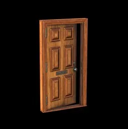 Detailed vintage wooden door 3D model with metal handle, suitable for Blender rendering and architectural visualization.