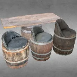 Realistic Blender 3D model showcasing repurposed wine barrel chairs and table with detailed textures.