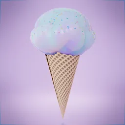 "Hyper-realistic 3D model of an ice cream cone with sprinkles and editable flavors, created with Blender 3D software. The cone is depicted with cotton candy and glitter gif, inspired by Adam Pijnacker's artwork. Perfect for sweets/dessert themed designs or inventory items in virtual environments."