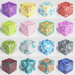 "Collection of colorful Minecraft Glazed Terracotta cubes for Blender 3D - perfect for building your own Minecraft world. Snap and connect via corners for quick and easy construction. Highly-detailed design by @cronobreak on Twitter."