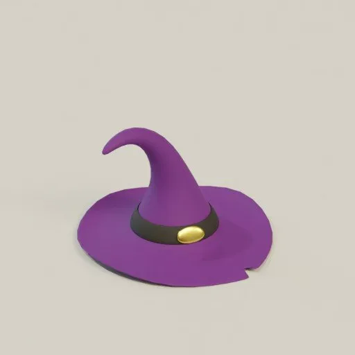 Detailed purple 3D wizard hat model with gold buckle, designed for Blender software rendering.