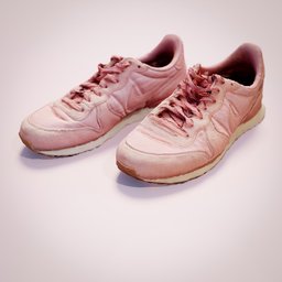 "3D model of worn pink lady's sneakers for Blender 3D. Inspired by Kose Kanaoka and exhibited at the British Museum, these sneakers feature laces and a pastel glaze. Perfect for adding footwear to your digital projects."