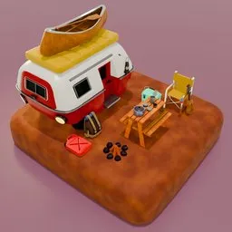 Detailed 3D model of a cartoon-style camping scene with van, boat, fire pit, and accessories.