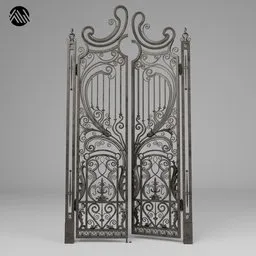 "Highly detailed Ferforge Gate 3D model for Blender 3D, featuring intricate monochrome design inspired by Andrey Yefimovich Martynov and accentuated feminine features. Perfect for video game assets or 19th-century style scenes. Full quad model with 3D rim light and CAD-ready. "
