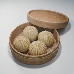 Realistic 3D model of Chinese baozi dumplings in a steamer, with intricate detail, perfect for Blender rendering.