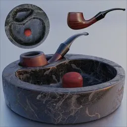 "3D model of a smoking kit consisting of a pipe and ashtray rendered in Blender 3D. The set features a marble bowl, various shapes and textures, and a smoking rock. Perfect for your exercise and hobby projects."